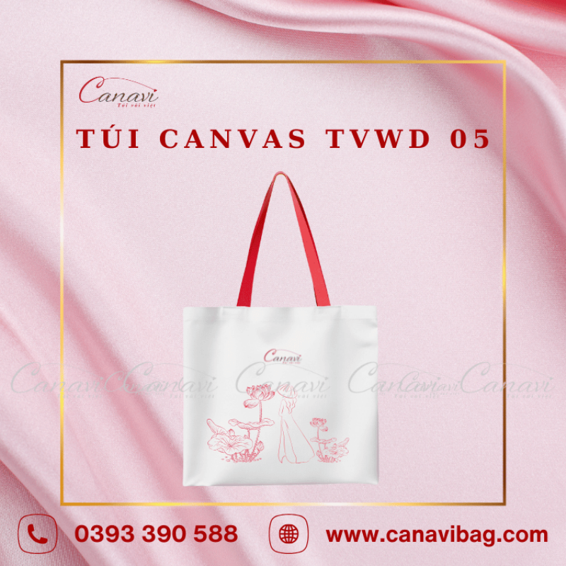 Nhiều túi canvas được in logo và thông điệp riêng, thể hiện lợi ích cho thương hiệu và môi trường
